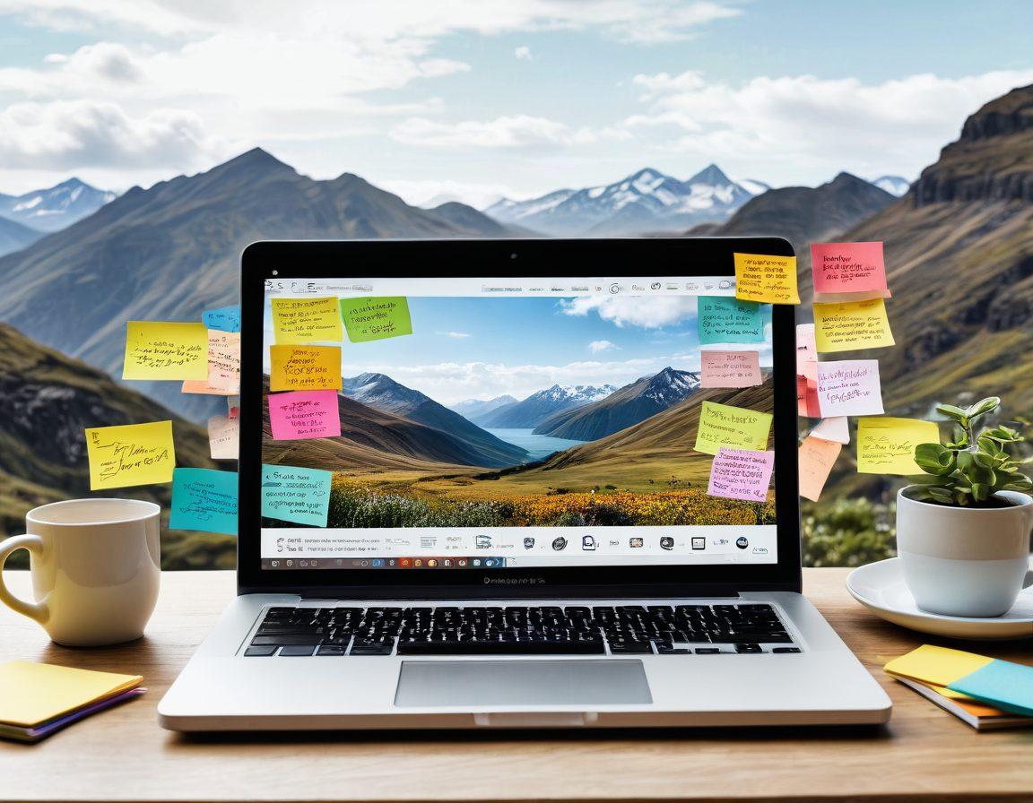 A vibrant, open laptop displaying a captivating digital story on its screen, surrounded by colorful sticky notes and sketches, evoking the creativity of blogging. In the background, a dreamy landscape illustrating various blogging themes like travel, food, and personal experiences. The scene conveys a sense of adventure in digital storytelling. super-realistic. vibrant colors. white background.