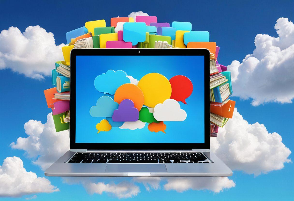 A vivid compass intertwined with a laptop and books, symbolizing the journey through the blogosphere. Surround it with directional signs labeled 'success' and 'growth', amidst a bright sky filled with clouds shaped like speech bubbles. Incorporate a diverse group of people collaboratively brainstorming ideas around the laptop. vibrant colors. 3D. modern digital art.